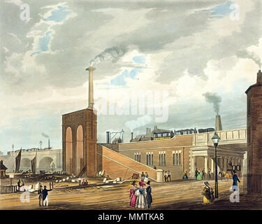 . Englisch: Blick von der Ecke Liverpool Straße und Wasser Straße der Liverpool und Manchester Railway, da es Ansätze Manchester Liverpool Road railway station. Auf der linken Seite, um die Bahn überquert den Fluss Irwell durch eine gewölbte Brücke aus Stein, mit einer Karre Weg für die Nutzung der Navigation Unternehmen. Die Bahn dann kreuze Water Street über, was als die erste moderne girder Bridge, erstellt, weil es keine ausreichenden Platz für einen Bogen gegeben die Fahrbahn unter, aber eine zu breite Lücke für einen vorhandenen konventionellen Mitteln der Zeitspanne. Eingang in Manchester über Wasser Stockfoto