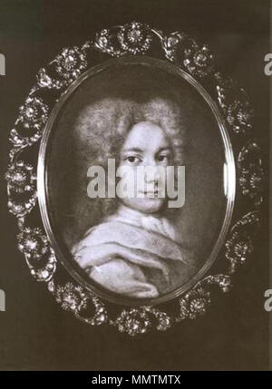 . Englisch: Foto einer Miniatur Portrait des Komponisten w: Georg Friedrich Händel (1685-1759) von Christoph Platzer. Lackiert ca. 1710 bei Händel wurde ungefähr 25. Die Miniatur wurde von der w gestohlen: de: händel-haus Museum im Jahr 1948 und hat sich nicht wieder eingezogen worden. Siehe Http://www.museum-digital.de/san/index.php?t=objekt&oges=2297. Vom 6. Juli 2014, 20:08:52. Christoph Platzer BS I065 ein Platzer - monochrom Stockfoto