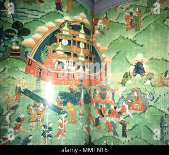 . Englisch: Bau von Kloster Samye, Detail von der Malerei zeigen zwölf Szenen aus dem Leben von Padmasambhava, 19. Völkerkundemuseum der Universität Zürich. Doppelseite Bild in dem Buch Tibet: Dreht das Rad des Lebens (pp. 58 - 59) von Francoise Pommaret, 'Neue Horizonte'-Serie 2003. . 27. Dezember 2017. Uriel 1022 Bau des Kloster Samye Stockfoto