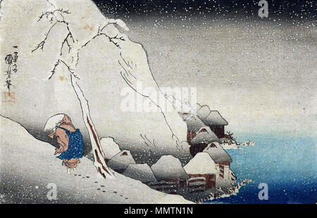 Im Schnee am Tsukahara auf Sado Insel Nichiren.. zwischen 1835 und 1836. Utagawa Kuniyoshi Nichiren im Schnee Stockfoto