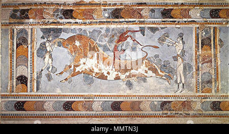 . Englisch: Fresko aus berühmten minoischen Palast von Knossos, der sich derzeit in Herakleion Museum. ChrisO am englischen Wikipedia Stier - springen Stockfoto