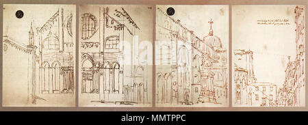 . Riproduzione di 4 disegni di Canaletto, Raffiguranti Campo San Giovanni e Paolo a Venezia, ottenuti con una camera Oscura. (Venezia, Gallerie dell'Accademia) 4 Zeichnungen von Canaletto, der Campo San Giovanni e Paolo in Venedig, mit einer Camera Obscura. (Venedig, Gallerie dell'Accademia). 5. März 2008. Clop Canaletto 4 Blätter Stockfoto