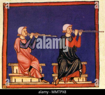 . Abbildung aus dem Escorial Codex E, Folio 79r, Cantigas de Santa Maria Manuskript. CantigasDeSantaMariaPanPipes Stockfoto