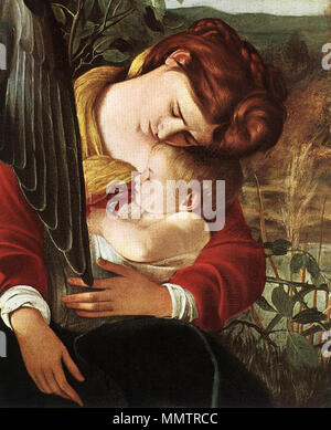 Englisch: Ruhe auf der Flucht nach Ägypten (Detail). Zwischen 1596 und 1597. Caravaggio FlightIntoEgypt detail Maria und Kind Stockfoto