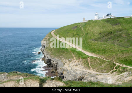 Küstenweg, Landschaft und Amboss Point Lighthouse in Durlston Country Park und Naturreservat in Dorset, Großbritannien Stockfoto