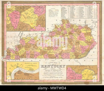 . Englisch: Dieses knappen Handcolorierte Karte ist eine lithografischen Gravur von Kentucky dating bis 1846 von der legendären amerikanischen Mapmaker S.A. Mitchell, der Ältere. Es gibt Kartenausschnitte in der Nähe von Lexington, die Wasserfälle des Ohio River und des Ohio River in der Nähe von Clarksburg, KT. Dies ist eine seltene Übergangszeit Karte produziert durch die geheimnisvolle Stecher H. N. Burroughs, deren Arbeit für das Mitchell Fest 1846 wird zwischen der H.S. Tanner und Mitchell Selbst. Ristow Notizen, nichts über Burroughs bekannt, aber er war zweifellos eine Mitarbeiterin oder ein Mitarbeiter von Mitchell. Seine feine und detaillierte Arbeit erscheint Stockfoto