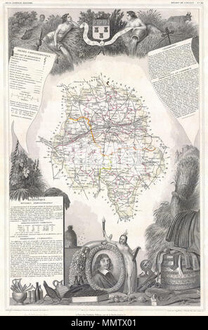 . Englisch: Dies ist eine faszinierende 1847 Karte von der Abteilung de L'Indre et Loire, Frankreich. Diese Region ist bekannt für seine feinen Weine, Landwirtschaft, Spirituosen, und Käse bekannt. Die Hauptstadt ist. Das Ganze wird von einer ausgeklügelten dekorativen Stichen entwickelt, um sowohl die natürliche Schönheit und den Reichtum des Landes zu veranschaulichen umgeben. Es ist eine kurze textuelle Geschichte der Regionen sowohl links als auch rechts auf der Karte dargestellt. Abt. De L'Indre et Loire. 1847. 1847 Levasseur Karte der Abt. D'Indre et Loire, Frankreich - Geographicus - IndreLoire - levasseur-1847 Stockfoto