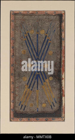 . Englisch: Sieben von Pfeilen (die Vereine in diesem Deck ersetzen) aus dem Cary-Yale Visconti tarot Deck. Italiano: Sette di frecce (in questo mazzo rimpiazza ich Bastoni) del mazzo Tarocchi Visconti di Modrone, detti anche Cary-Yale. . 15. Jahrhundert. Bonifacio Bembo (1420 - 1480) Alternative Namen BEMBO, Bonifazio Beschreibung italienischen Maler und illuminator Datum der Geburt / Tod 1420 nach 1477 Ort der Geburt / Todes Brescia Mailand Arbeit Periode 1447 - 1477 Arbeit Ort Mailand Authority control: Q 2486190 VIAF:?? 500021037 13191706 ULAN: WGA:? BEMBO, Bonifazio GND:? 122469453 RKD:?6348 Cary-Yale T Stockfoto