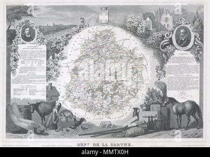 . Englisch: Dies ist eine faszinierende 1847 Karte des französischen Departements Sarthe, rund um die Stadt Le Mans. Sarthe ist ein Tal der Loire Wein wachsende Region, die in die weniger bekannten französischen Rebsorten von Jasnieres und Coteaux du Loir spezialisiert hat. Es ist auch eine der wichtigsten Bereiche, in denen die Eiche Fässern für viele europäische Weine hergestellt werden. Das Ganze wird von einer ausgeklügelten dekorativen Stichen entwickelt, um sowohl die natürliche Schönheit und den Reichtum des Landes zu veranschaulichen umgeben. Es ist eine kurze textuelle Geschichte der Regionen sowohl links als auch rechts auf der Karte dargestellt. Abt. De La Sarthe Stockfoto