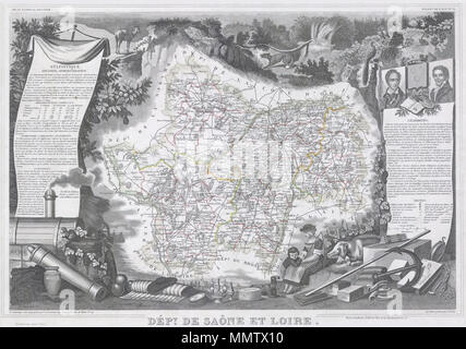 . Englisch: Dies ist eine faszinierende 1847 Karte der französischen Departement Saône-et-Loire liegt im Herzen des legendären Beaujolais Weinregion. Das Ganze wird von einer ausgeklügelten dekorativen Stichen entwickelt, um sowohl die natürliche Schönheit und den Reichtum des Landes zu veranschaulichen umgeben. Es ist eine kurze textuelle Geschichte der Regionen sowohl links als auch rechts auf der Karte dargestellt. Abt. de Saone-et-Loire. 1847. 1847 Levasseur Karte von Saone-et-Loire, Frankreich - Geographicus - SaoneLoire - levasseur-1847 Stockfoto