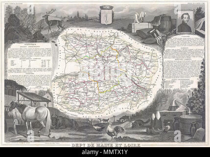 . Englisch: Dies ist eine faszinierende 1847 Karte der französischen Departement Maine-et-Loire. Dieser Regionen ist für seine Landwirtschaft, Spirituosen, Weine bekannt ist, und die Jagd. Die Hauptstadt ist Angers. Das Ganze wird von einer ausgeklügelten dekorativen Stichen entwickelt, um sowohl die natürliche Schönheit und den Reichtum des Landes zu veranschaulichen umgeben. Es ist eine kurze textuelle Geschichte der Regionen sowohl links als auch rechts auf der Karte dargestellt. Dept-de Maine-et-Loire. 1847. 1847 Levasseur Karte von Abt. Maine et Loire, Frankreich - Geographicus - MaineLoire - levasseur-1847 Stockfoto