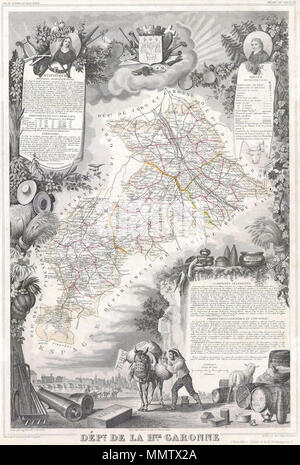 . Englisch: Dies ist eine faszinierende 1847 Karte von der Abteilung de la Haute Garonne, Frankreich. Diese Region ist für seine Trüffeln, Landwirtschaft, Spirituosen, Weine und Käse. Die Hauptstadt ist Toulouse. Diese Region ist auch ein wichtiger Stopp auf dem mittelalterlichen Pilgerweg nach Santiago de Compostella. Das Ganze wird von einer ausgeklügelten dekorativen Stichen entwickelt, um sowohl die natürliche Schönheit und den Reichtum des Landes zu veranschaulichen umgeben. Es ist eine kurze textuelle Geschichte der Regionen sowohl links als auch rechts auf der Karte dargestellt. Abt. De La Haute Garonne. 1847. 1847 Levasseur Karte von Stockfoto