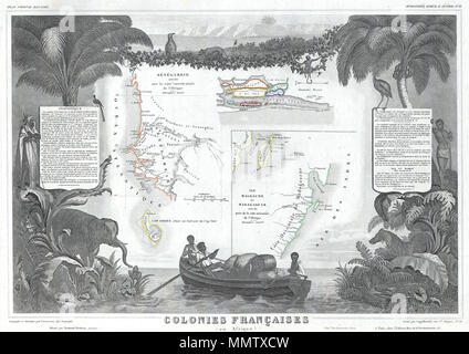 . Englisch: Dies ist eine faszinierende 1847 Karte der Französischen Kolonien von Madagaskar, Senegal, Gambia, ist in zwei Abschnitte: Madagaskar und Senegambie unterteilt. Senegambie verfügt über eine Nahaufnahme der Senegal Fluss und die Insel von St. Louis. Die Madagaskar Abschnitt verfügt über eine Einfügung von der Küste. Das Ganze wird von einer ausgeklügelten dekorativen Stichen entwickelt, um sowohl die natürliche Schönheit und den Reichtum des Landes zu veranschaulichen umgeben. Es ist eine kurze textuelle Geschichte der Regionen sowohl links als auch rechts auf der Karte dargestellt. Kolonien Francaises. (En Afrique.). 1848 (undatiert). 1848 Lev Stockfoto