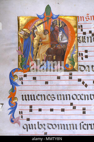 W. 153.27 V Cenni di Francesco. "Blatt von Antiphonar, 'Ca. 1380. Tinte, Farbe und Gold auf Pergament. Walters Art Museum (W. 153.27 V): Von Henry Walters, 1901 erworben. Cenni di Francesco di Ser Cenni - Blatt aus antiphonar - Walters W 15327 V-Reverse Detail Stockfoto