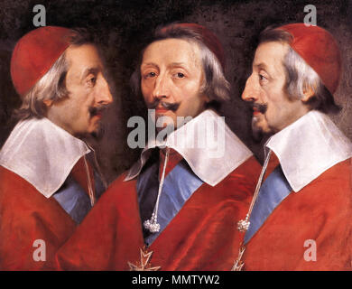 . Armand-Jean du Plessis, Duc und Kardinal de Richelieu (1585-1642), mit der Bestellung von Saint-Esprit. Er wurde ein Kardinal im Jahr 1622 und dem Ministerpräsidenten von Frankreich. Triple Portrait von Cardinal de Richelieu. ca. 1642. Kardinaal de Richelieu Stockfoto