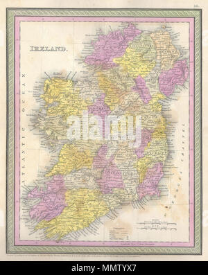 . Englisch: Diese Hand farbigen Karte ist ein lithografischen Gravur von Irland, dem Jahr 1850, die durch die amerikanische Karte Herausgeber S.A. Mitchell, der Ältere. Topographische Informationen werden übersichtlich dargestellt und Städte, Seen, Straßen und andere Informationen werden dargestellt und benannt. Die politischen Spaltungen sind mit kontrastierenden Pastelltönen angegeben. Veraltet und laut Gesetz des Kongresses im Jahr 1850 von Thomas Copwerthwait und Co. in der sekretärinbüro der District Court des Eastern District von Pennsylvania "urheberrechtlich geschützt" eingetragen. Irland. 1850 (veraltet). 1850 Mitchell Karte von Irland - Geographicus - Irland 2-mitch Stockfoto