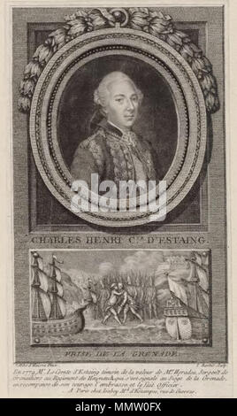 . Englisch: Porträt von Charles Henri d'Estaing mit einer Darstellung der Eroberung der Insel Grenada 1779. Allegorische druckt. "Im Jahr 1779 Graf d'Estaing, der Mut eines nicht miterlebt - Offizier während des Angriffs auf Grenada, küsste und machte ein Offizier." Français: Estampe allégorique sur la prise de l'Ile de la Grenade en juillet 1779. 'La valeur récompensée'. D'Estaing embrasse et fait Officier un Sergent qui s'est distingué Pendant l'attaque. . 1779. Charles Henri d Estaing prise de la Grenade 1779 Stockfoto