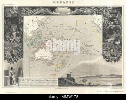 . Englisch: Ein schönes Beispiel für V. Levasseur ist wünschenswert, dekorative Karte von Polynesien und Australien, datiert 1852. Deckt den Pazifik aus Sumatra an der kalifornischen Küste, die sich auf Australien, Neuseeland, Indonesien, und die Inseln von Polynesien. Das Ganze wird von einer ausgeklügelten dekorativen Stichen des Handels Reichtümer der Region zu veranschaulichen umgeben. Es ist eine kurze textuelle Geschichte der Region im unteren linken Quadranten dargestellt. Von V. Levasseur, die in der Ausgabe 1852 seiner Atlas Nationale de la France Illustree veröffentlicht. Oceanie.. 1852 (undatiert). 1852 Levasseur Karte von Australien und Polynes Stockfoto