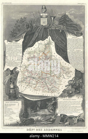 . Englisch: Dies ist eine faszinierende 1857 Karte der französischen Departement Ardennes, Frankreich. Teil von Frankreich ist wichtig, Champagner. Das Ganze wird von einer ausgeklügelten dekorativen Stichen entwickelt, um sowohl die natürliche Schönheit und den Reichtum des Landes zu veranschaulichen umgeben. Es ist eine kurze textuelle Geschichte der Regionen sowohl links als auch rechts auf der Karte dargestellt. Von V. Levasseur, die in der Ausgabe 1852 seiner Atlas Nationale de la France Illustree veröffentlicht. Abt. des Ardennes. 1852 (undatiert). 1852 Levasseur Karte des Departements Ardennes, Frankreich (Champagne) - Geographicu Stockfoto