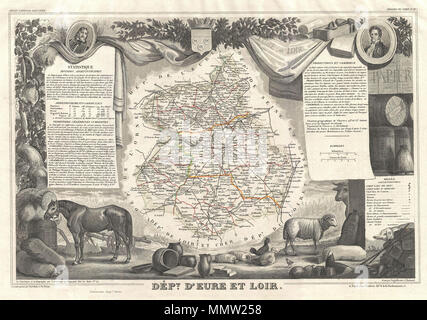 . Englisch: Dies ist eine faszinierende 1852 Karte des französischen Departements Eure Et Loir, Frankreich. Dieses Gebiet ist die Heimat der berühmten Kathedrale von Chartres. Das Ganze wird von einer ausgeklügelten dekorativen Stichen entwickelt, um sowohl die natürliche Schönheit und den Reichtum des Landes zu veranschaulichen umgeben. Es ist eine kurze textuelle Geschichte der Regionen sowohl links als auch rechts auf der Karte dargestellt. Von V. Levasseur, die in der Ausgabe 1852 seiner Atlas Nationale de la France Illustree veröffentlicht. Français: Carte Victor Levasseur du Département d'Eure-et-Loir (1852). Abt. d'Eure et Loir.. 1852 (undatiert). 1852 Levass Stockfoto