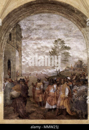 . ANDREA DEL SARTO Reise der Sterndeuter, Fresko, 360 x 305 cm Santissima Annunziata Native Namen Basilica della Santissima Annunziata Standort über Gino Capponi, Florenz, Italien Koordinaten 43° 46' 38.36" N, 11° 15' 42.56" E Gegründet 1250 Behörde: Q 2287001 Reise der Heiligen Drei Könige. 1511. Creator: Andrea del Sarto Chiostro dei voti, Andrea del Sarto, viaggio dei Magi Stockfoto