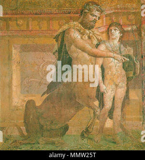 . Italiano: Museo Archeologico Nazionale di Napoli (Inv. nr. 9109). Da Herculaneum, Basilika - L'Affresco mostra Il centauro Chirone, pedagogo di Achille, che Blüte im Mai alle'eroe Ancora giovinetto l'uso della Lira. Il prototipo pro questo affresco non è stato Un altro dipinto ma una Statua che Plinio il Vecchio ricorda Ära esposta a Roma nei Saepta Iulia. Chiron beauftragt junge Achilles - alten römischen Fresko Stockfoto