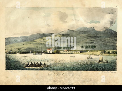 . Englisch: Vue du port hanarourou (Blick auf den Hafen von Honolulu), 1816. Ludwig Choris, Künstler. In Voyage Pittoresque du Autour du Monde, Paris, 1822 veröffentlicht. Blick auf den Hafen von Honolulu, vom Meer. Menschen, Rudern an Bord Outrigger Kanus und Segelbooten im Vordergrund. Zwei Segelschiffe angedockt im Hintergrund. Eine große ständigen Lager entlang der Küstenlinie mit einigen westlichen Stil Gebäude, viele reetgedeckte Gebäude, und die Flagge von Hawaii fliegen hoch. Bergen im Hintergrund, mit tief liegenden Wolken bedeckt. 1822. Lithographie, in Blau, Grün, Gelb und Rot gedruckt. . Lackiert Stockfoto