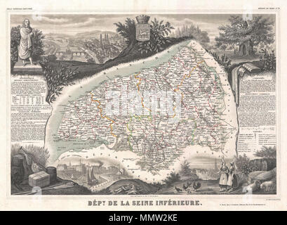 . Englisch: Dies ist eine faszinierende 1852 Karte der französischen Departement Seine Inferieure, Frankreich. Rund um ihre Hauptstadt von Rouen Zentriert, dieses Gebiet ist für seine Produktion von Gournay, ein weichkäse des frischen Neufchatel Typ bekannt. Die Karte ist richtig durch aufwändige dekorative Stiche, die sowohl die natürliche Schönheit und den Reichtum des Landes zu veranschaulichen umgeben. Es ist eine kurze textuelle Geschichte der Regionen sowohl links als auch rechts auf der Karte dargestellt. Von V. Levasseur, die in der Ausgabe 1852 seiner Atlas Nationale de la France Illustree veröffentlicht. Abt. de la Seine Inferieure.. 18. Stockfoto