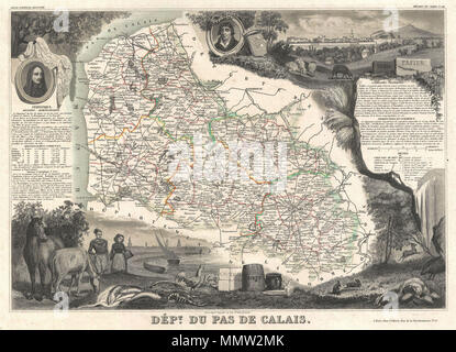 . Englisch: Dies ist eine faszinierende 1852 Karte der französischen Departements von Calais, Frankreich. Dieser Bereich ist für die Herstellung von Maroilles, ein Weichkäse aus Kuhmilch und mit eine gewaschene Rinde bekannt gemacht. Die Karte ist richtig durch aufwändige dekorative Stiche, die sowohl die natürliche Schönheit und den Reichtum des Landes zu veranschaulichen umgeben. Es ist eine kurze textuelle Geschichte der Regionen sowohl links als auch rechts auf der Karte dargestellt. Von V. Levasseur, die in der Ausgabe 1852 seiner Atlas Nationale de la France Illustree veröffentlicht. Abt. du Pas-de-Calais. 1852 (undatiert). 1852 Levasseur Karte der Depar Stockfoto