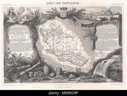 . Englisch: Dies ist eine faszinierende 1852 Karte des französischen Departements Vaucluse, Frankreich. Vaucluse ist das Zentrum des Weinbaus an der südlichen Rhone. Einige der besten Weine in Frankreich finden Sie hier. Es gibt auch eine sehr starke Bewegung in Richtung auf die Annahme von biologischen und biodynamischen Weinbau und Weinbereitung. Der Bereich umfasst die Côtes du Rhône, Provence, und Gigondas Wein Bezeichnungen, um nur einige zu nennen. Die Karte ist richtig durch aufwändige dekorative Stiche, die sowohl die natürliche Schönheit und den Reichtum des Landes zu veranschaulichen umgeben. Es ist eine kurze textuelle Hi Stockfoto