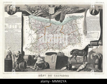 . Englisch: Dies ist eine faszinierende 1857 Karte von dem französischen Departement Calvados, Frankreich. Dieser Bereich von Frankreich ist für die Herstellung von Calvados, Geldbußen Apple der Welt brandy bekannt. Das Ganze wird von einer ausgeklügelten dekorativen Stichen entwickelt, um sowohl die natürliche Schönheit und den Reichtum des Landes zu veranschaulichen umgeben. Es ist eine kurze textuelle Geschichte der Regionen sowohl links als auch rechts auf der Karte dargestellt. Von V. Levasseur, die in der Ausgabe 1852 seiner Atlas Nationale de la France Illustree veröffentlicht. Abt. du Calvados.. 1852 (undatiert). 1852 Levasseur Karte der Abteilung Du Calvados, Stockfoto