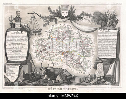 . Englisch: Dies ist eine faszinierende 1852 Karte des französischen Départements Indre-et-Loire, Frankreich. Rund um die Stadt Orleans, Loiret ist das Herz von Frankreich angesehen und ist ein eingetragenes Weltkulturerbe der UNESCO. Dieser Bereich von Frankreich ist auch Teil der Loire Valley Wine Region, und ist besonders für seine Produktion von Pinot Noirs und Gris Meuniers im Orleans bekannt. Die Karte ist richtig durch aufwändige dekorative Stiche, die sowohl die natürliche Schönheit und den Reichtum des Landes zu veranschaulichen umgeben. Es ist eine kurze textuelle Geschichte der Regionen dargestellt auf der linken und rechten s Stockfoto