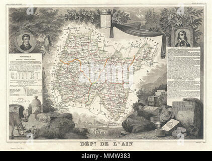 . Englisch: Dies ist eine faszinierende 1857 Karte des französischen Departements l'Ain, Frankreich. Dieser Bereich von Frankreich ist für seine Bugey Weine, die in der Regel aromatische und Weiß sind bekannt. Es ist auch für seine feinen blauen Käse, Geflügel, und Fischerei. Das Ganze wird von einer ausgeklügelten dekorativen Stichen entwickelt, um sowohl die natürliche Schönheit und den Reichtum des Landes zu veranschaulichen umgeben. Es ist eine kurze textuelle Geschichte der Regionen sowohl links als auch rechts auf der Karte dargestellt. Von V. Levasseur, die in der Ausgabe 1852 seiner Atlas Nationale de la France Illustree veröffentlicht. Abt. de L'Ain.. 1852 (u Stockfoto