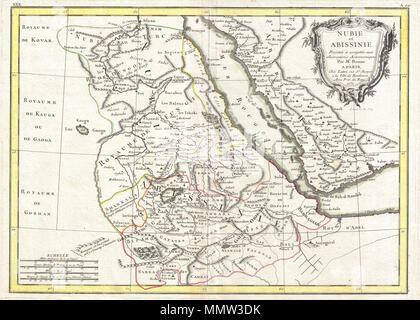 . Englisch: Ein schönes Beispiel für die Rigobert Bonne 1771 Karte von Nubien und Abessinien. Abdeckungen von Assuan, Ägypten Süden entlang des Nil alle des heutigen Sudan, Äthiopien, Eretria, Djibouti und Somalia zu gehören. Umfasst auch Teile der angrenzenden Arabien über das Rote Meer. Dies ist eine ziemlich fortschrittliche Karte aufdecken der kartografischen Raffinesse der Abessinier Empire. Zeigt der Blaue Nil richtig fließen in den See Dambea (Lake Tana) aus dem Süden. Anmerkungen zahlreiche wichtige Katarakte auf dem Blauen Nil. Der Weiße Nil, der Kurs wird noch geheimnisvoller, dient als eine Art westlichen Grenze für diese Stockfoto