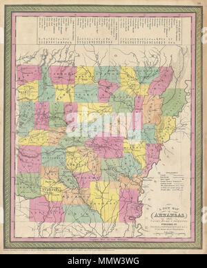 . Englisch: Ein äußerst attraktives Beispiel für S. A. Mitchell Sr's Karte 1853 von Arkansas. Zeigt den gesamten Zustand Farbe nach einzelnen Grafschaften codiert. Zeigt Kanäle und Straßen mit Notationen für Steamboat und overland Kilometerleistung. Durch die grüne Grenze gemeinsame zu Mitchell Karten aus den 1850s umgeben. Von S. A. Mitchell für Ausgestellt als Platte Nr. vorbereitet 26 In der Ausgabe 1853 seines neuen Universal Atlas. Veraltet und urheberrechtlich geschützt," eingetragen nach dem Gesetz des Kongresses, im Jahr 1850, von Thomas Cowperthwait & Co., in der sekretärinbüro der District Court des Eastern District von Penns Stockfoto