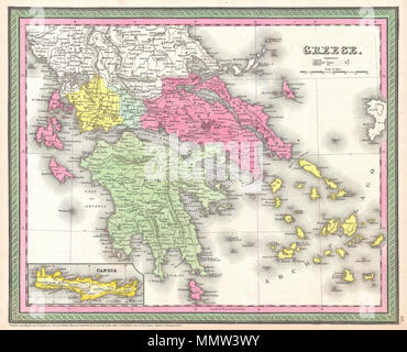 . Englisch: Ein äußerst attraktives Beispiel für S. A. Mitchell Sr's Karte 1853 von Griechenland. Abdeckungen von Ioannina und Triekhala Süden gehören die Euböa (negropont) und den Peloponnes (morea). Die Farbe je nach Region codiert. Eine Übersichtkarte in der unteren linken Quadranten details Candia oder der Insel Kreta. Durch die grüne Grenze gemeinsame zu Mitchell Karten aus den 1850s umgeben. Von S. A. Mitchell für Ausgestellt als Platte Nr. vorbereitet 63 In der Ausgabe 1853 seines neuen Universal Atlas. Griechenland.. 1850 (veraltet). 1853 Mitchell Karte von Griechenland - Geographicus - Griechenland - Mitchell-1850 Stockfoto