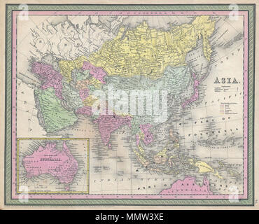 . Englisch: Ein äußerst attraktives Beispiel für S. A. Mitchell Sr map's 1853 in Asien und Australien. Deckt die Gesamtheit der Asien sowie Indien und Australien. Die Farbe je nach Region codiert. Eine Übersichtkarte in der unteren linken Quadranten details Australien. Durch die grüne Grenze gemeinsame zu Mitchell Karten aus den 1850s umgeben. Von S. A. Mitchell für Ausgestellt als Platte Nr. vorbereitet 64 In der Ausgabe 1853 seines neuen Universal Atlas. Asien.. 1850 (undatiert). 1853 Mitchell Karte von Asien - Geographicus - Asien - Mitchell-1850 Stockfoto