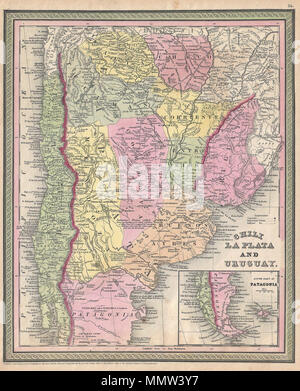 . Englisch: Ein äußerst attraktives Beispiel für S. A. Mitchell Sr's Karte 1853 von Chili, La Plata und Uruguay. Umfasst den südlichen Teil von Südamerika aus Bolivien und Paraguay Süd bis Feuerland. Umfasst die modernen Nationen von Chile, Argentinien und Uruguay mit Teilen von Bolivien, Paraguay und Brasilien. Eine Einfügung in den unteren rechten Quadranten Details der südliche Teil von Patagonien, Feuerland und die Falkland Inseln. Zeigt Südamerika die höchste Bergkette, die Volcan de Aconcagua, an der Grenze zwischen Mendoza und Chili. Bietet verschiedene interessante Anmerkungen in Bezug auf die Indigenen Stockfoto