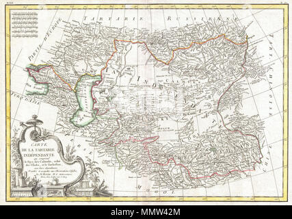 . Englisch: Ein schönes Beispiel für die Rigobert Bonne dekorative Karte 1770 von Zentralasien. Abdeckungen vom Schwarzen Meer im Süden an China, Russland, Nord und Süd in Persien und Indien. Umfasst die modernen Nationen von Kasachstan, Usbekistan, Turkmenistan, Georgien, Armenien und Aserbaidschan, mit Teilen der benachbarten Türkei, Saudi-Arabien und Pakistan. Namen zahlreiche Tribal areas, Dörfer, Städte, Wüsten, Silk Route Stationen, und Flusssystemen. Eine große dekorative Titel Kartusche im unteren linken Quadranten kennzeichnet Artikel angeblich gemeinsamen in der Region. Von R.Bonne 1770 für das Problem erstellt werden wie Pla Stockfoto