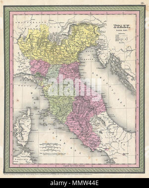 . Englisch: Ein äußerst attraktives Beispiel für S. A. Mitchell Sr map's 1853 im Norden von Italien. Abdeckungen aus der Schweiz südlich von Neapel. Umfasst das Reich der Lombardei und Venedig, Parma, Modena, der Toskana und dem Kirchenstaat. Die Farbe je nach Region codiert. Durch die grüne Grenze gemeinsame zu Mitchell Karten aus den 1850s umgeben. Von S. A. Mitchell für Ausgestellt als Platte Nr. vorbereitet 59 In der Ausgabe 1853 seines neuen Universal Atlas. Italien, Norden Teil.. 1850 (undatiert). 1853 Mitchell Karte vom nördlichen Italien (Toskana, Venedig) - Geographicus - ItalyNorth - Mitchell-1850 Stockfoto