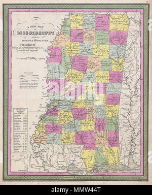 . Englisch: Ein äußerst attraktives Beispiel für S. A. Mitchell Sr's Karte 1853 von Mississippi. Zeigt den gesamten Zustand Farbe nach einzelnen Grafschaften codiert. Zeigt Kanäle und Straßen mit Notationen für Steamboat und overland Kilometerleistung. Durch die grüne Grenze gemeinsame zu Mitchell Karten aus den 1850s umgeben. Von S. A. Mitchell für Ausgestellt als Platte Nr. vorbereitet 23 In der Ausgabe 1853 seines neuen Universal Atlas. Veraltet und urheberrechtlich geschützt," eingetragen nach dem Gesetz des Kongresses, im Jahr 1850, von Thomas Cowperthwait & Co., in der sekretärinbüro der District Court des Eastern District von Pe Stockfoto