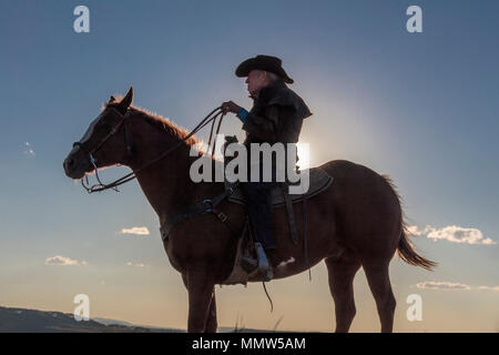 Okt 4, 2017, RIDGWAY COLORADO - Ältere Cowboy, Howard Linscott blickt auf historischen letzten Dollar Ranch an der Hastings Mesa, SW Colorado, San Juan Berge Stockfoto