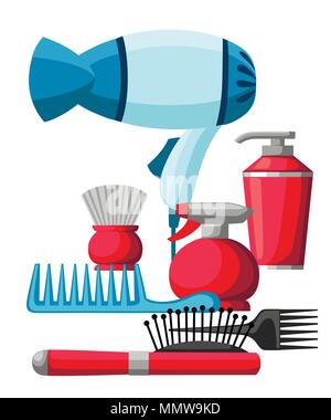 Gruppe von professionellen Friseur und Friseur- ausrüstung Werkzeuge Friseursalons Werkzeuge schere Haartrockner kamm Flasche und Rohr haarnadel Vektor illust Stock Vektor