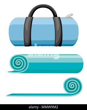 Trainingsmatte und Sporttasche. Gerollt und offenen türkis Yoga Matte. Vector Illustration auf weißem Hintergrund. Stock Vektor