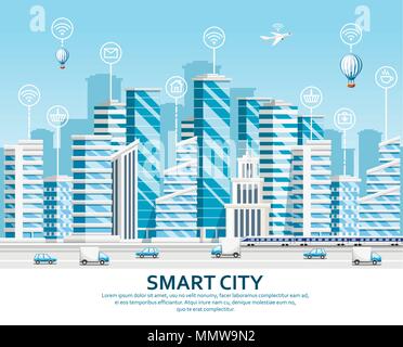 Gruppe von Wolkenkratzern. Stadt Designelemente. Smart City Konzept mit Smart Services und Icons, Internet der Dinge. Vector Illustration auf Sky backgroun Stock Vektor