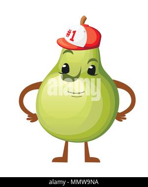 Cartoon Illustration einer Birne. Süßes Obst Maskottchen. Springen Birne mit Baseball cap Nummer 1. Vector Illustration auf weißem Hintergrund. Website Stock Vektor