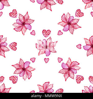 Nahtlose Muster mit Hibiskus Blumen und Herzen. Stockfoto