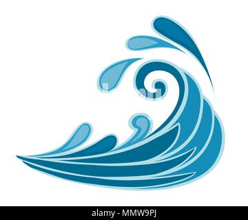 Stürmische See Blue Wave Symbol mit Spritzwasser und wirbelnden fallen. Natur oder marine Design. Flat Style. Vector Illustration auf weißem Hintergrund Stock Vektor