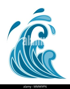 Stürmische See Blue Wave Symbol mit Spritzwasser und wirbelnden fallen. Natur oder marine Design. Flat Style. Vector Illustration auf weißem Hintergrund Stock Vektor