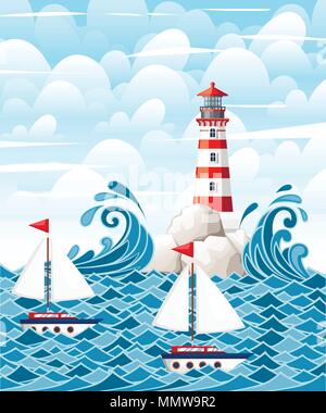 Stürmische See mit Leuchtturm auf Felsen Steine Insel. Kleine Schiffe auf dem Wasser. Natur oder marine Design. Flat Style. Vector Illustration mit Himmel und Wolken b Stock Vektor